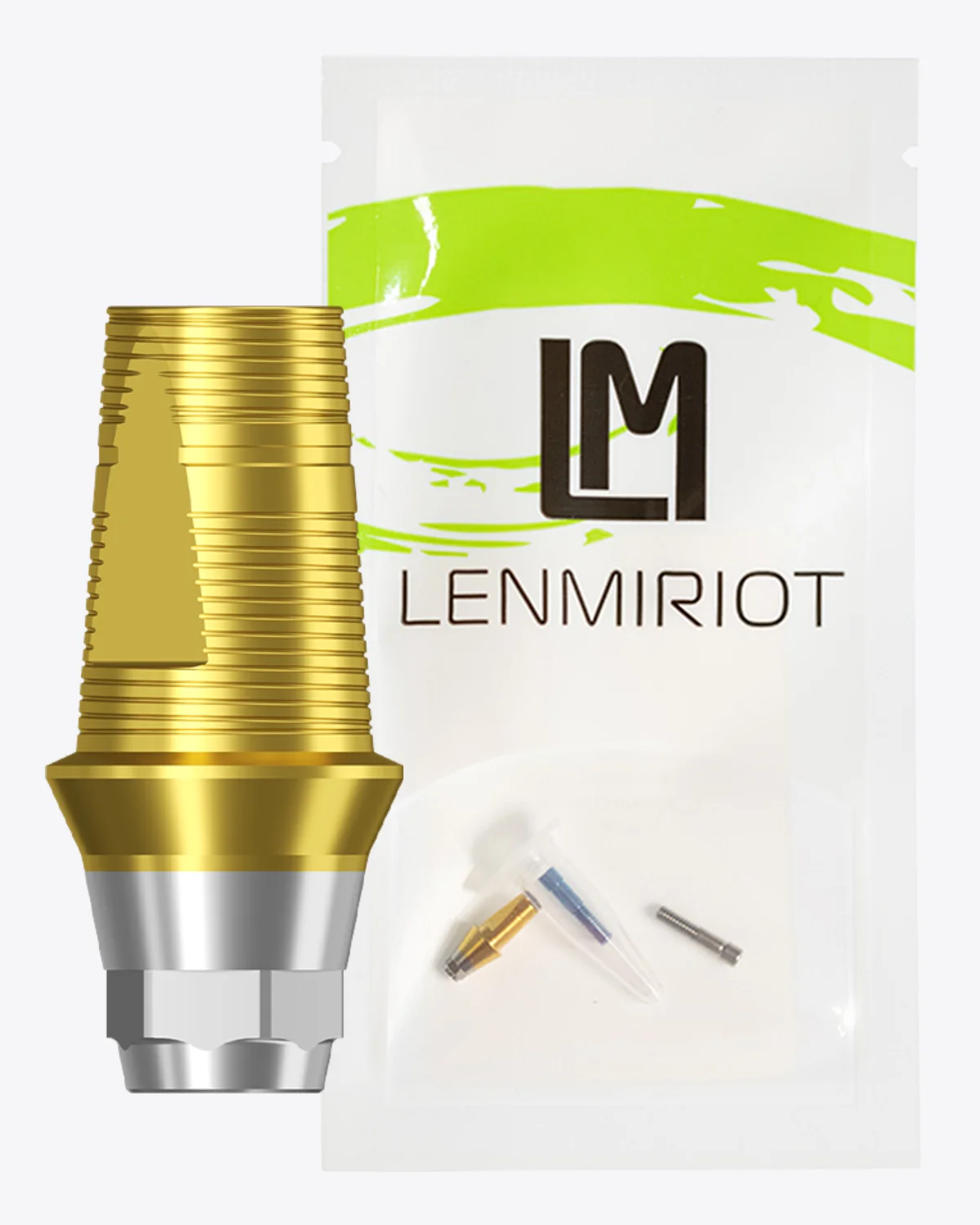 Абатмент Lenmiriot с винтом рядом с фирменной упаковкой, супраструктуры интернет-магазина Абатменты.ру